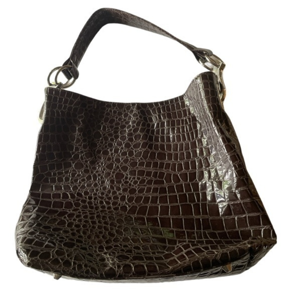 Braciano‎ Croc Embossed Faux Patent Hobo Shoulder Bag Purse Brown Large Glam